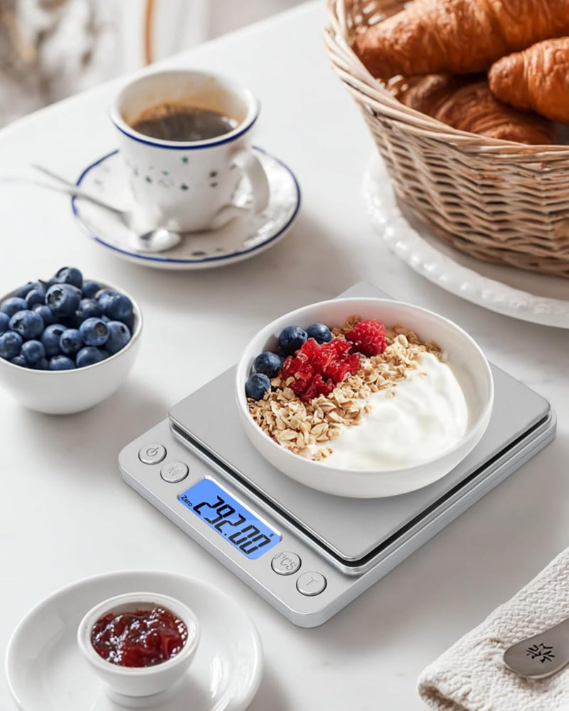 NEXT-SHINE Digital Kitchen Scale 500 x 0.01 Gram, Pocket Size with PCS Tare Switch Weighing Units Function, Stainless Steel Platform