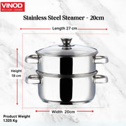 Vinod Stainless Steel 2-Tier Steamer 20cm Vegetable, Momo Steamer with Glass Lid, Sturdy Handle, Induction & Gas Friendly Perfect for Couscous, Dumplings & Rice Dishes