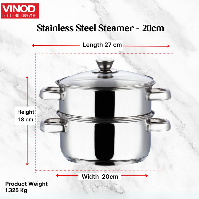 Vinod Stainless Steel 2-Tier Steamer 20cm Vegetable, Momo Steamer with Glass Lid, Sturdy Handle, Induction & Gas Friendly Perfect for Couscous, Dumplings & Rice Dishes