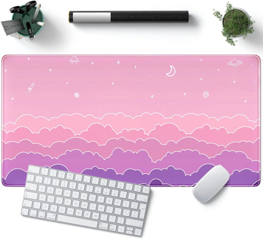 Kawaii Mouse Pad Desk Gaming Accessories Cute Clouds Xxl Mouse Pad Pink Anime Office Decor Desk Mousepad Large, 31.5x15.7in Extended Keyboard Mousepad For Desk Girl With Stitched Edges Non-Slip Rubber - B-lovely Pink