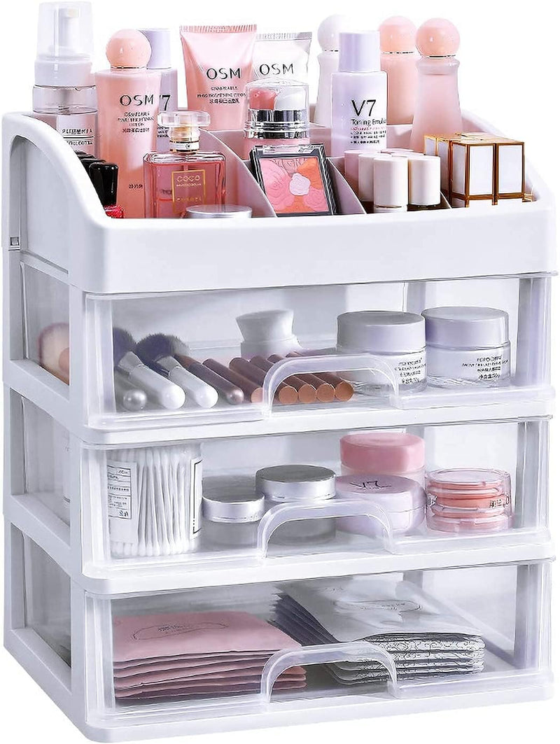 Makeup Organizer for Vanity, Skincare Organizers with 3 Drawers, Cosmetics Organizer for Skin Care, Eyeshadow, Brushes, Lipstick, Powders, Nail Polish.Great for Dresser, Bedroom, Bathroom (White)