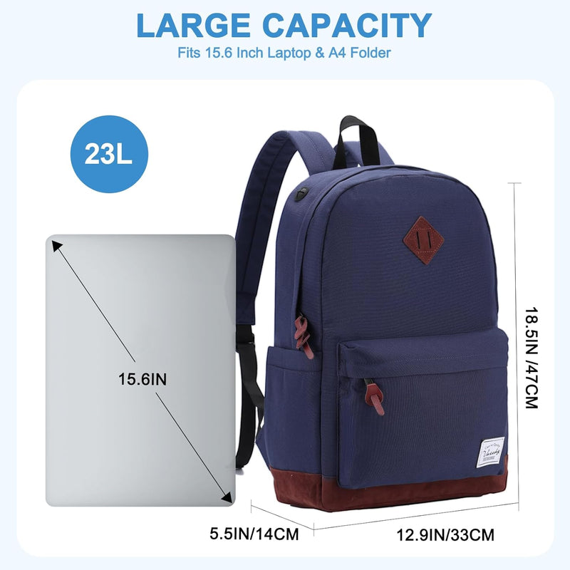 VASCHY Men's Backpack, Women's Waterproof School Bag, Boy Girl Computer 15.6 Inch Vintage for School, College, Work, Travel, Leisure