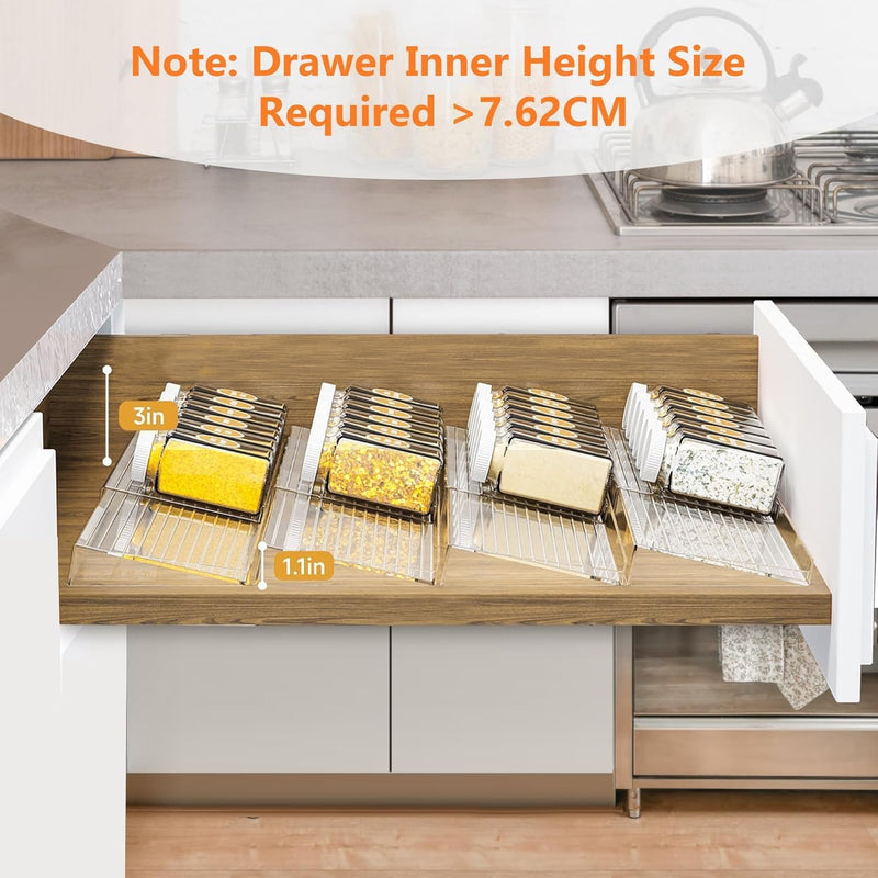 SKY-TOUCH Spice Drawer Rack, 4 Tier- 2 Set (8 Pcs) Expandable From 11" to 22" Clear Acrylic Seasoning Jars Drawers Organizer, Kitchen Drawers, Cabinets Countertops Expandable Storage for Spice Jars
