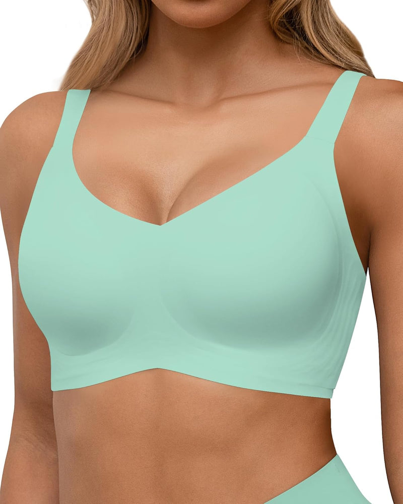 Womens Seamless Bras, Wireless Full Coverage Push Up Bras, Comfortable Support Bralette with V Neck - Bird's Egg Green