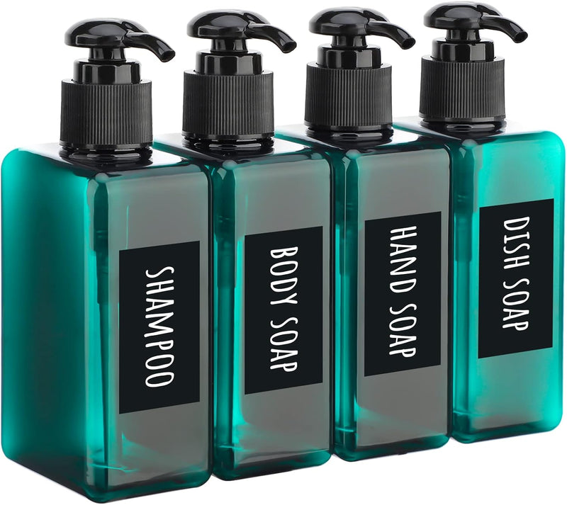 Segbeauty Shampoo and Conditioner Dispenser Refillable, 3pcs 16.9oz Shower Bottles Soap Dispenser with Labels, 500ml Empty Plastic Square Pump Bottle Dispenser Body Wash Containers for Bathroom Black - Green-mini 200ml