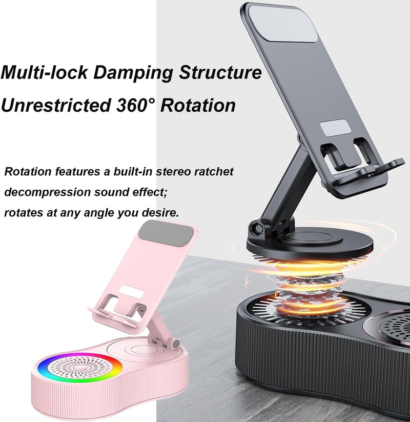 BIGTHREE Phone Holder with Bluetooth Speaker, Bluetooth Speaker Phone Holder, 5 in 1 Wireless Induction Audio, 360 Rotating Folding Lifting Charging Holder, RGB Colourful Lamp Effect