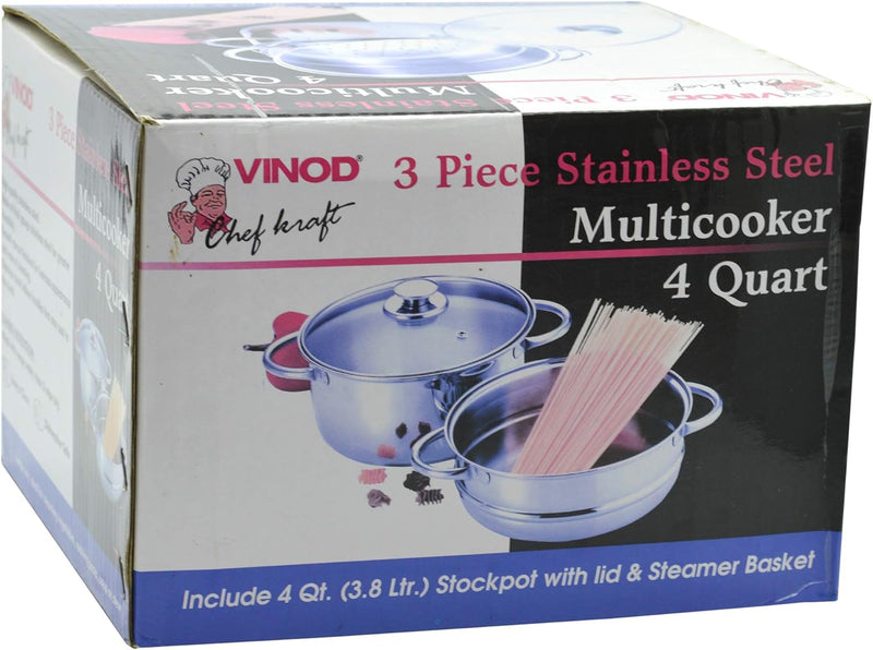 Vinod Stainless Steel 2-Tier Steamer 20cm Vegetable, Momo Steamer with Glass Lid, Sturdy Handle, Induction & Gas Friendly Perfect for Couscous, Dumplings & Rice Dishes