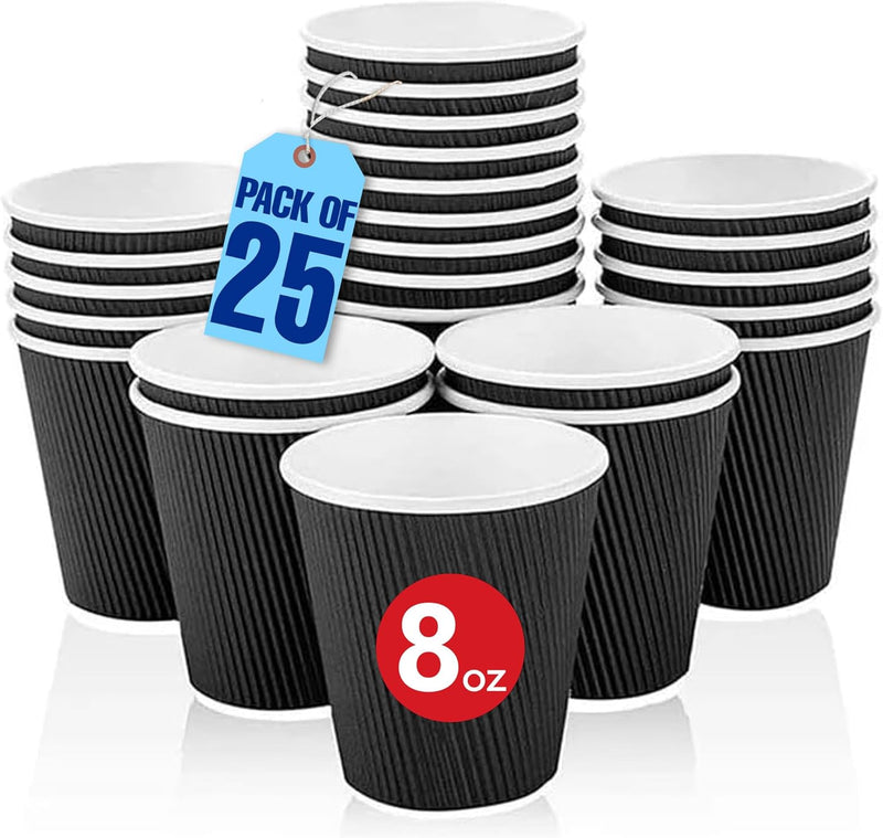 MARKQ 25 Cups 12 oz. Black Disposable Coffee Cups - Triple Wall Ripple Hot Paper Cups for Tea, Drinks To-Go - 8 oz