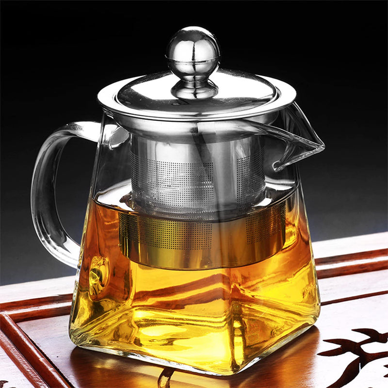 TAPIT Glass Tea Pot, Borosilicate Glass Tea Kettle for Loose Leaf Tea, Transparent Teapot with Stainless Steel Removable Infuser, Microwavable, Dishwasher and Stovetop Safe (750ml-Square)
