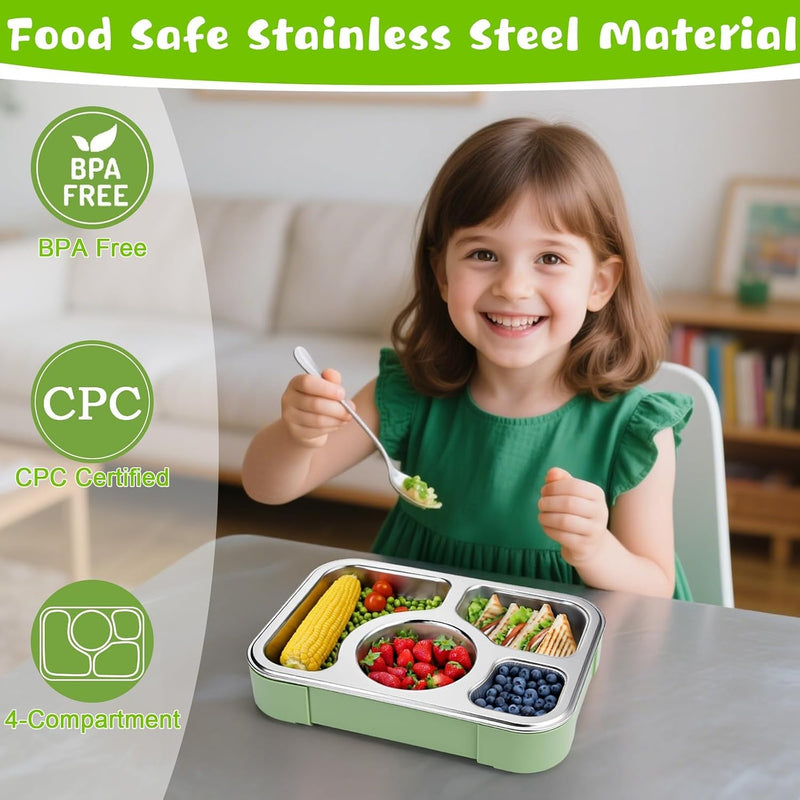 Stainless Steel Adult Lunch Box, 4-Compartment Metal Bento Box with Lid, Eco-Friendly, Leak-Proof, Food Storage Containers for School, Office, Travel