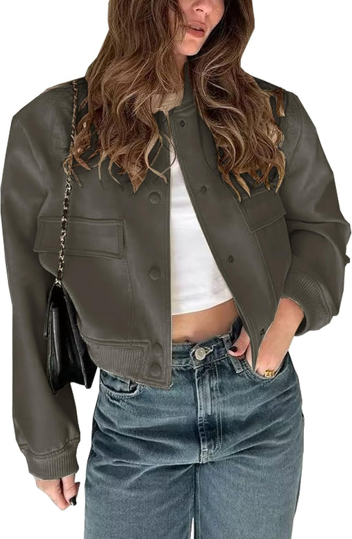 Womens Cropped Bomber Jacket Button Down Varsity Jackets Shackets With Pockets - Darkgrey