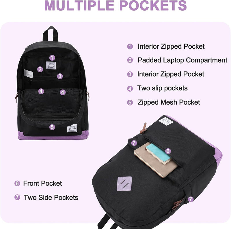 VASCHY Men's Backpack, Women's Waterproof School Bag, Boy Girl Computer 15.6 Inch Vintage for School, College, Work, Travel, Leisure