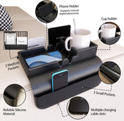 Silicone Sofa Armrest Tray with 5 Side Pockets Anti-Slip Recliner Armchair Caddy Organizer for Drinks, Remote, Tablet, Snacks, Phone Living Room Couch Storage Holder, Black
