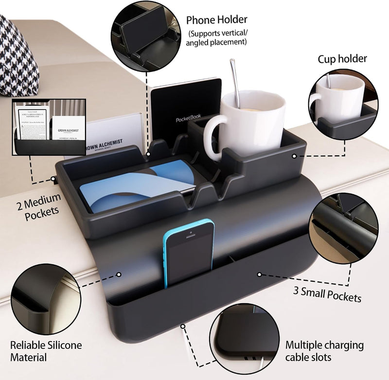 Silicone Sofa Armrest Tray with 5 Side Pockets Anti-Slip Recliner Armchair Caddy Organizer for Drinks, Remote, Tablet, Snacks, Phone Living Room Couch Storage Holder, Black