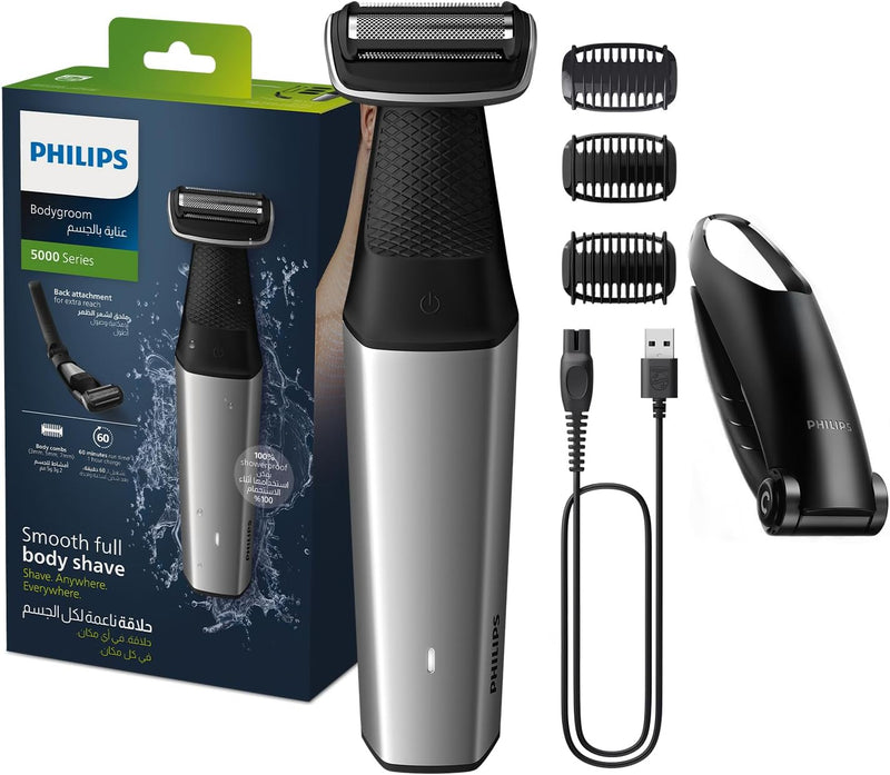 Philips Bodygroom BG5021/15 Showerproof Groin & Body Trimmer Body Shaver, 3-Length Combs 60min Cordless, Skin Protection, Back Reach Attachment - [NEW] BG5021/15 - Series 5000