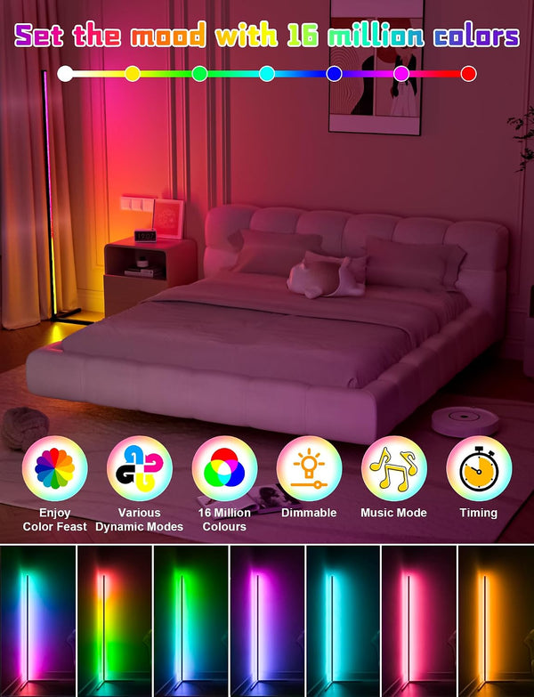 165cm Corner Floor Lamp, Smart RGB Floor Lamp, Dimmable LED Corner Lamp With Music Sync Color Changing APP Control Remote, Standing Floor Lamp , multi color