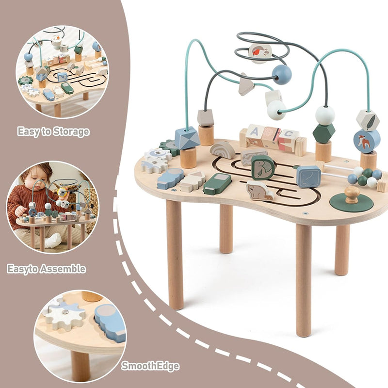 Wooden Activity Table for Toddlers 1-3, 6 in 1 Baby Play Table Activity Center with Bead Maze Shape Sorter, Montessori Toys for 1 Year Old, Kids Learning Educational Sensory Toys for Boy Girl