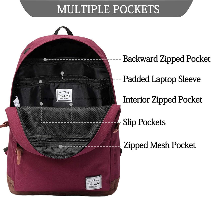 VASCHY Men's Backpack, Women's Waterproof School Bag, Boy Girl Computer 15.6 Inch Vintage for School, College, Work, Travel, Leisure
