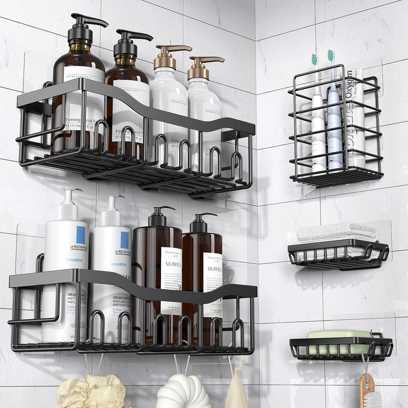 ZHUHAIRY 5 Pack Black Bathroom Organizer, Modern Stainless Steel Shower Wall Caddy, Corner Shelves for Shower Bathroom Storage, 20 KG Weight Capacity