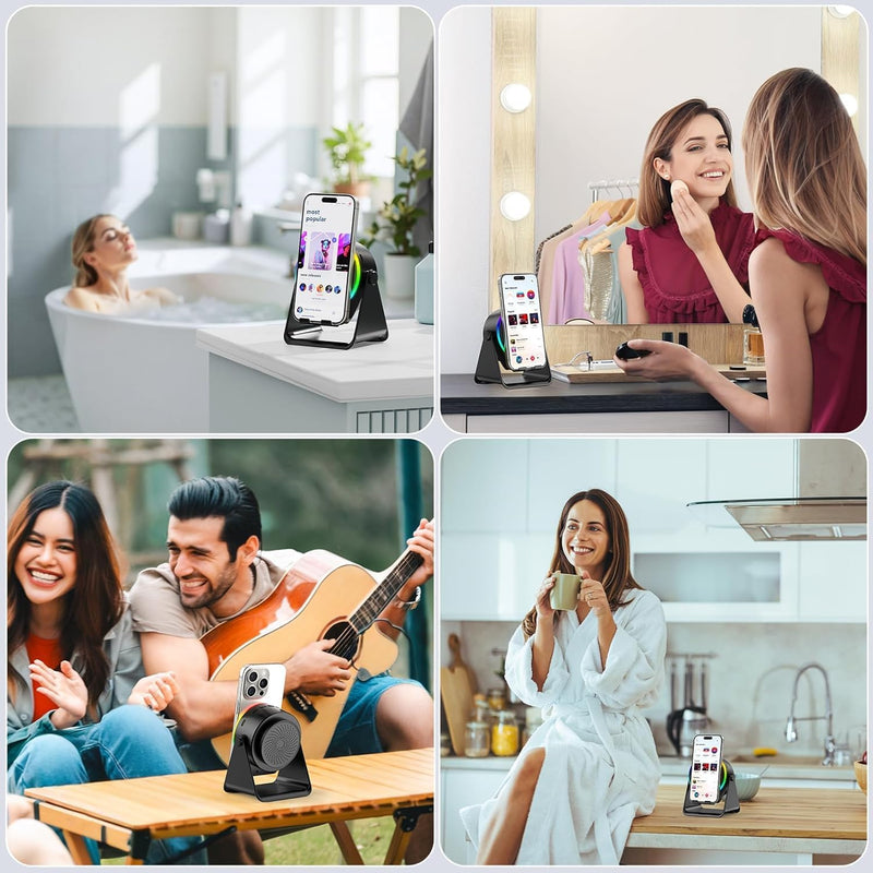 Wireless Induction Speaker 4-in-1 Bluetooth Speaker with Phone Stand and Colorful Ambient Light360 Rotation Compatible with iPhone,Android,iPad,Unique Birthday Gift for Men Women Adults(Black)