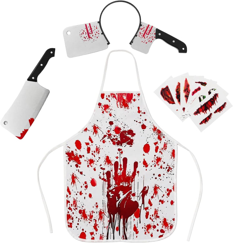 4 PCS Halloween Butcher Costume Set for Men, Adults and Teenagers Bloody Apron, Knife Headband and Sticker, Scary Halloween Costumes, Horror Chef Cosplay Outfit