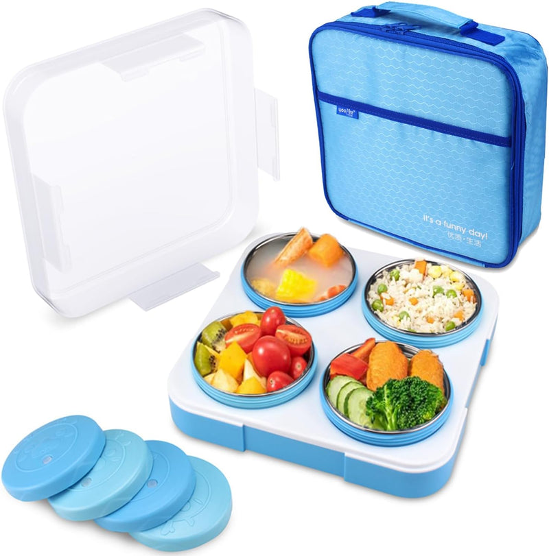 GGEROU Stainless Steel Lunch Box for Kids Adults,Insulated Bento Lunch Box with Tableware & Bag,1060ML 4 Compartment Divided Lunch Containers with Lids,Leakproof BPA Free Dishwasher Safe Green - Blueï¼880ml