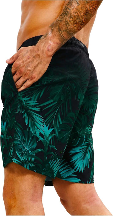 GORGLITTER Men's Drawstring Elastic Waist Tropical Print Swim Trunks Slant Pocket Summer Shorts
