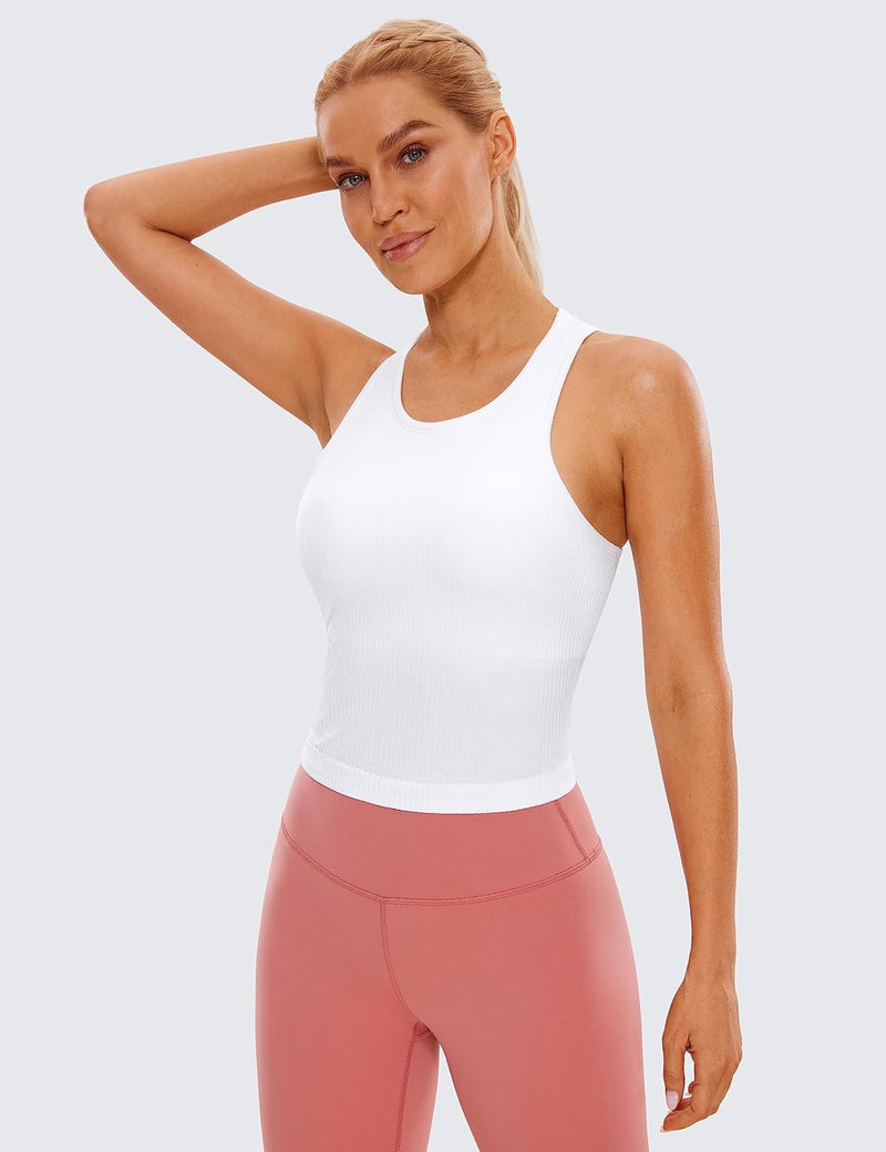 CRZ YOGA Womens Seamless Ribbed Longline High Neck Sports Bra - Racerback Padded Slim Fit Crop Tank Top with Built in Bra