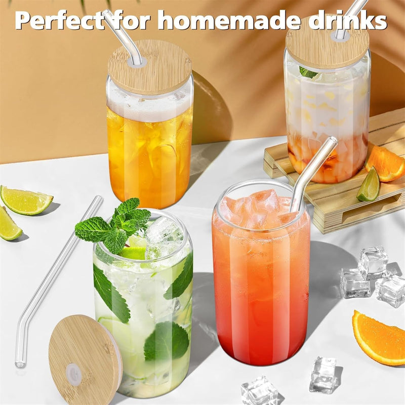 TAME Glass Cups with Bamboo Lids and Straws,16OZ Ice Coffee Cup, Beer Can Shaped Drinking Glasses Set of 2, Drinking Cup with lid, Cute Glass Tumblers for Beer, Cocktail, Tea and Latte