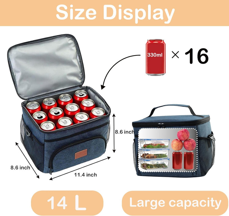 Insulated Lunch Bag for Men and women,Leak-Proof Cooler Lunch Box,Large Lunch Cooler Bag for Work,Travel,Picnic,navy blue,14L