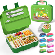 5-Compartment Bento Lunch Box for Kids, 1250ml Leak-Proof Container with Utensils, BPA-Free Toddler Lunchbox for School Travel, Boys Girls (Dinosaur Excavator) - Green