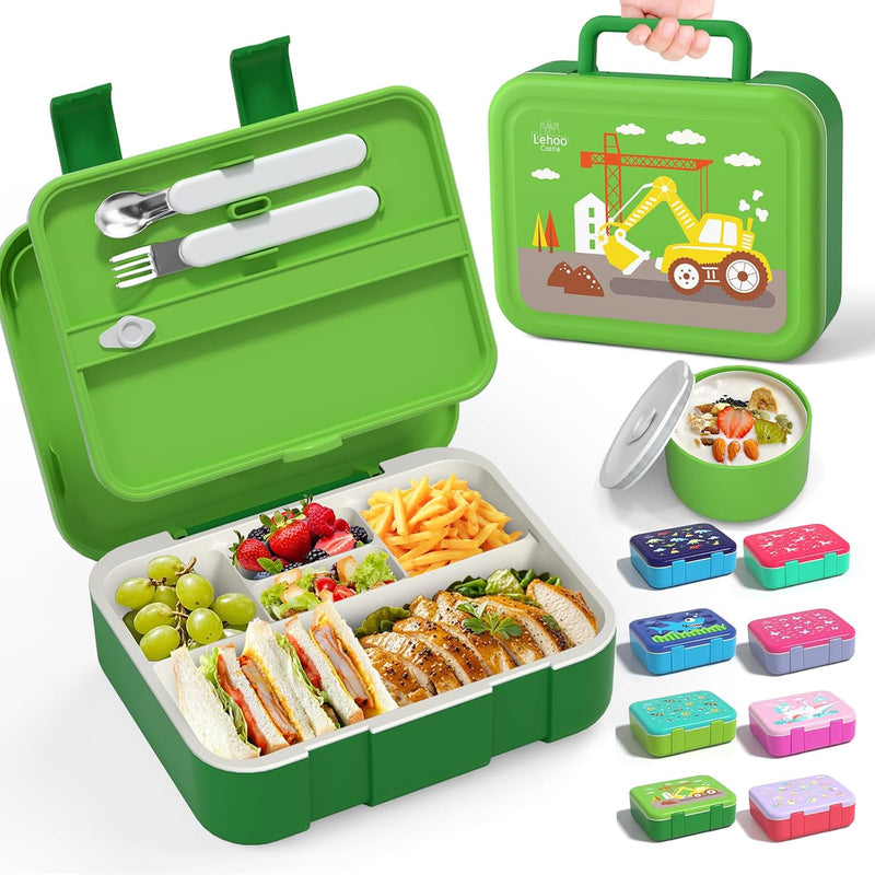 5-Compartment Bento Lunch Box for Kids, 1250ml Leak-Proof Container with Utensils, BPA-Free Toddler Lunchbox for School Travel, Boys Girls (Dinosaur Excavator) - Green