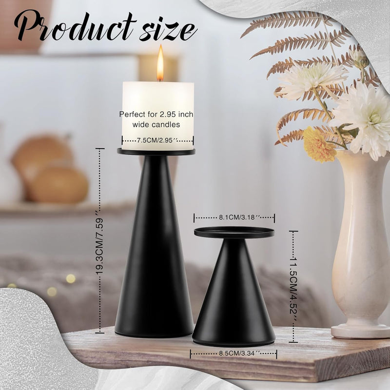 Black Metal Pillar Candle Holder Set of 2 Mothers Day,Modern Iron Pillar Candle Stand for Table Centerpiece Wedding Dinning Home Decor Gift
