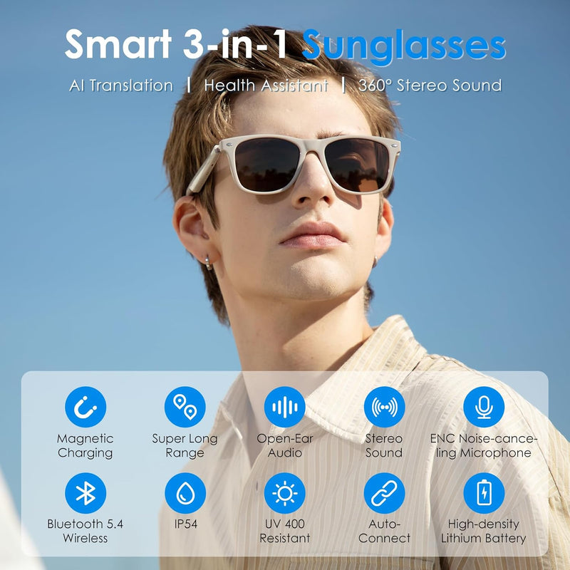 GetD AI Glasses, AI Assistant Powered by ChatGPT, Smart Glasses, Polarised Sunglasses, Bluetooth Smart Sunglasses for Men and Women, 2-in-1 Headphones and Glasses