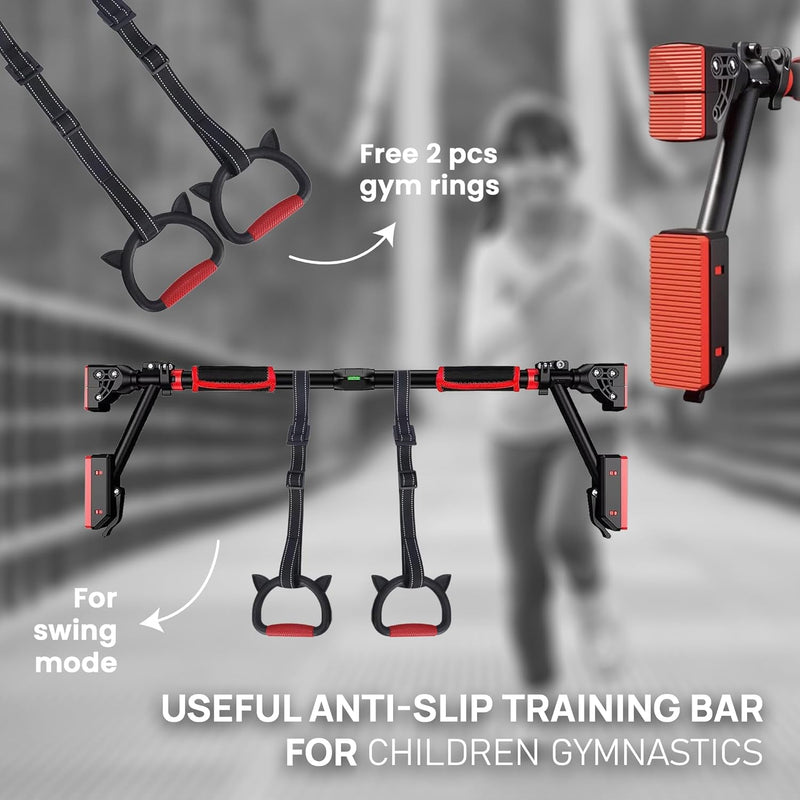 Pull Up Bar - Two-way Support Strength Training Chin up Bar for Doorway, 1 Pair of Gym Rings, 1Pair of Gloves, Portable Pullup Bar for Gym Exercise Fitness with Level Meter (Black, Pack of 3)