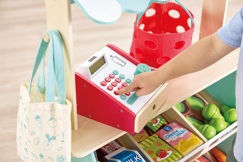 Hape Farmers Market Stall, Kitchen & Food Toys, Pretend Play for Kids Boys Girls, Wooden Toys, Non-Toxic Material, Mini Grocery Playset, Food Role Play, Accessories Included 62pcs, Ages 3Y+