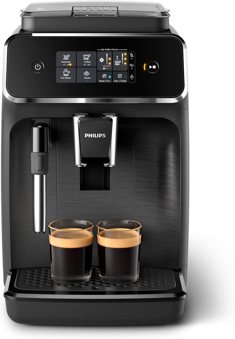 Philips Fully Automatic Espresso Machine Series 4400-12 Beverages, LatteGo, SilentBrew, Intuitive Display, 2 User Profiles, 12 Settings for Ceramic Grinder, Black Silver - EP4446/70 - 2 Hot Beverages