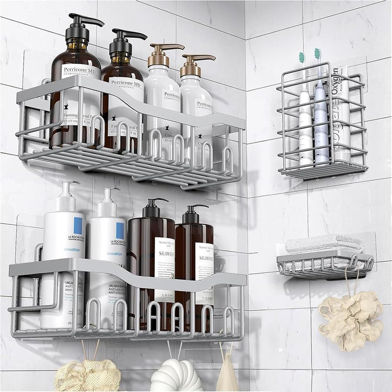 WEKOTEE Shower Caddy 4 Pack, Adhesive Shower Shelves Organizer for Bathroom Storage&Home Decor&Kitchen, Rustproof Stainless Steel Bathroom Organizer (43-05)