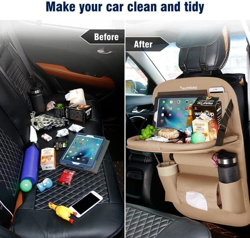 Car Backseat Organizer with Tablet Holder, Touch Screen Tablet Hanger Stand for Kids Toddlers and Storage, Cup Umbrella Tissue Holder, Kick Mats Protector Car Accessories Pack of 1 (Beige)