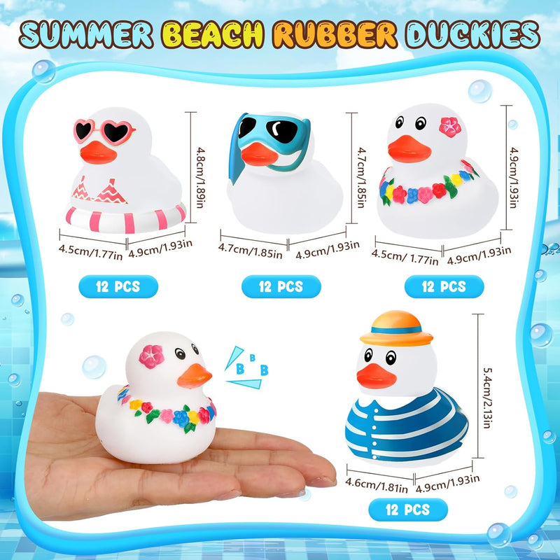 Honoson 48 Pcs Summer Beach Rubber Duckies Bulk Mini Rubber Duck Bath Toys White Float Bathtub Ducky Cute Squeaky Rubber Ducky for Classroom Carnival Summer Birthday Baby Shower Party Favor