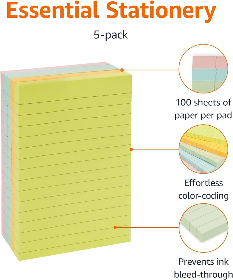 Amazon Basics Lined Sticky Notes, 4 x 6-Inch, Assorted Colors, 5-Pack