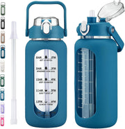 64oz Glass Water Bottles with Straw, Half Gallon Motivational Glass Bottle with Silicone Sleeve and Time Marker, 2L Leakproof Large Glass Water Jug for Gym Home Office,Black - 64 Ounces Iron Blue