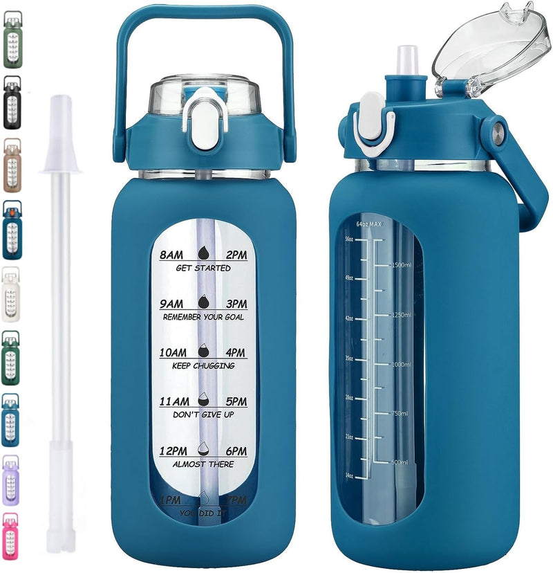 64oz Glass Water Bottles with Straw, Half Gallon Motivational Glass Bottle with Silicone Sleeve and Time Marker, 2L Leakproof Large Glass Water Jug for Gym Home Office,Black - 64 Ounces Iron Blue