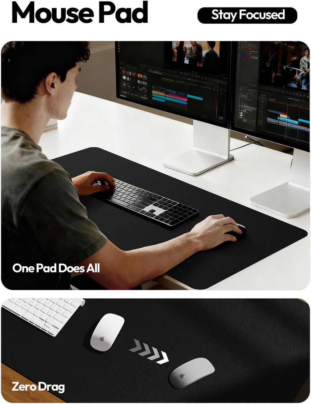 Desk Mat Large, Leather Mouse Pad, Black, 120x60cm Large Mousepad, Office Desk Protector, Non-Slip, PU Leather, Laptop Desk Blotter, Waterproof Writing Pad, for Office/Home