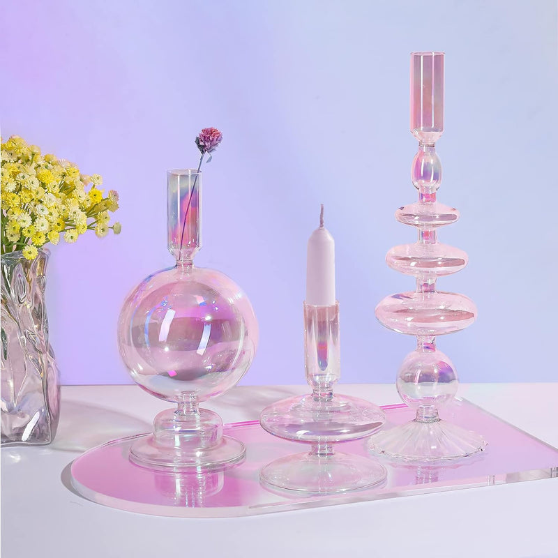Rtteri 3 Pcs Glass Candlestick Holders Glass Taper Candle Holders Groovy Candlestick Wavy Glass Candlestick Holders Elegant Glass Candlestick Glass Vases for Home Party Centerpiece (Green)