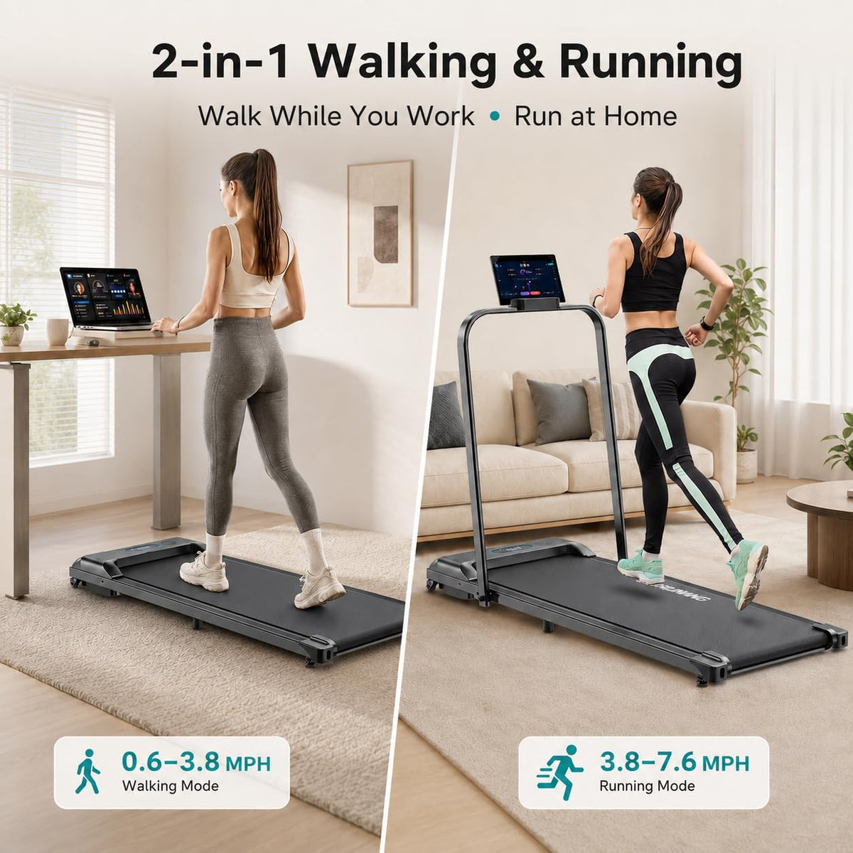 Wemart Walking Pad, Folding Treadmill 2 in 1 Under Desk Treadmill of Compact Space, 2.5HP Quiet Desk Treadmill with Remote Control & LED Display, Installation-Free – image 2
