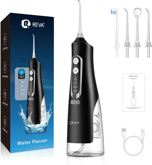 Cordless Dental Water Flosser for Teeth, Gums & Braces - Electric Oral Irrigator 310ML, 4 Modes, Rechargeable, 4 Jet Tips, Smart Memory, 360 Nozzle, IPX7 Waterproof & Low Noise (M209 - Black) - Black
