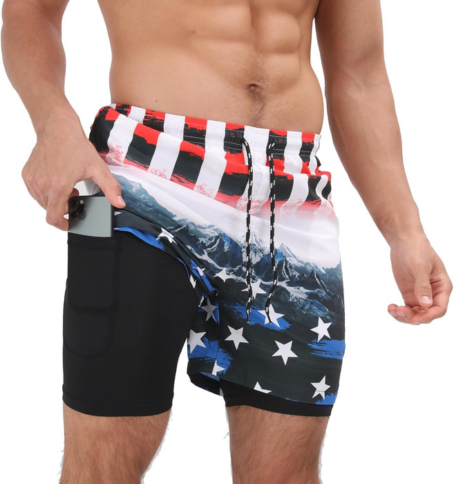 Mens Swim Trunks with Compression Liner 2 in 1 Quick Dry Beach Swimming Trunks Swim Shorts with Zipper Pockets