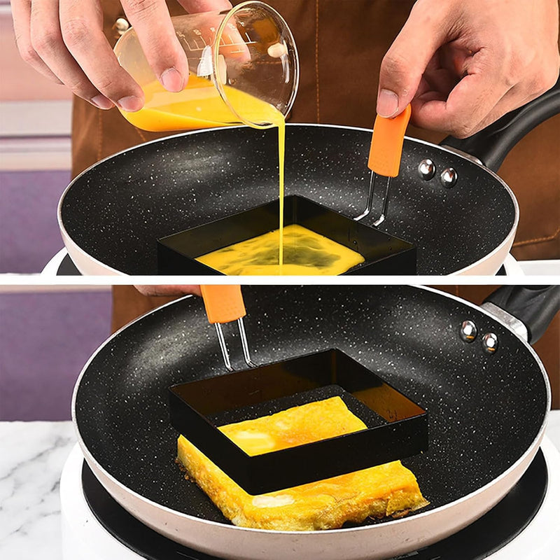 4 Inch Square Egg Rings with Foldable Silicone Handle, Non Stick Stainless Steel Egg Molds for Frying, Breakfast Sandwich Omelet Shaper for Pancakes & Muffins, 2 Pack