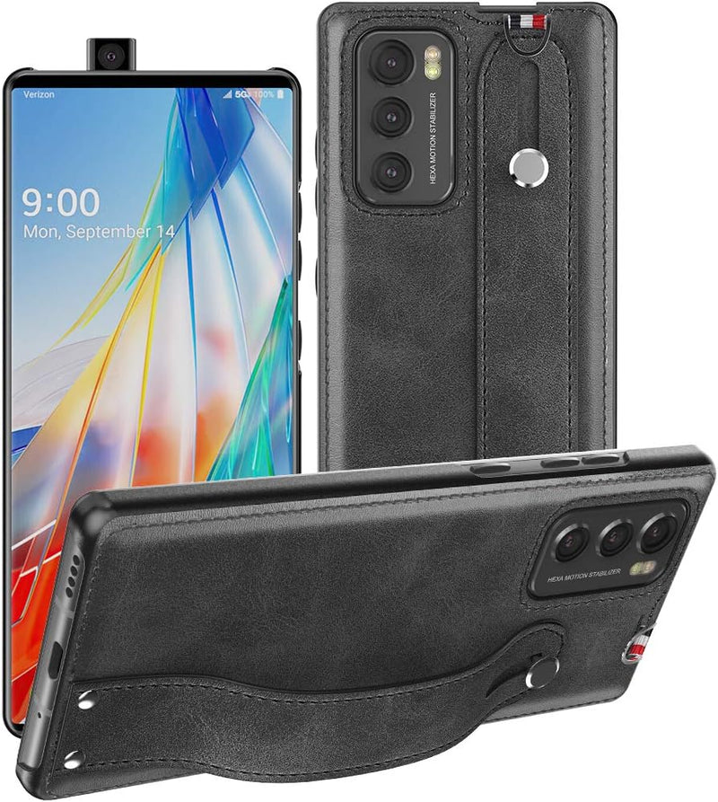 Fol for LG Wing 5G Case,for LG Wing Case 2020,Slim and Lightweight PU Leather Back Cover Support Swivel Mode Hard PC Holder with Hand Strap Protective Phone Case for LG Wing 5G 6.8 Inches (Brown) - Black